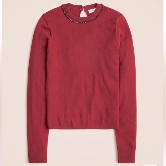 J. Crew Carolyn embellished crewneck burgundy sweater merino wool XS NWT CE699 - Picture 3 of 12